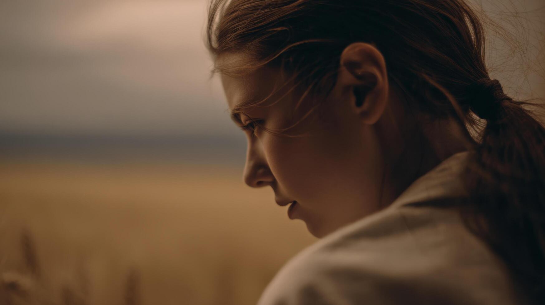 A Pensive Young Woman in a Field A Portrait of Serenity and Contemplation. The image captures a moment of quiet reflection, showca photo