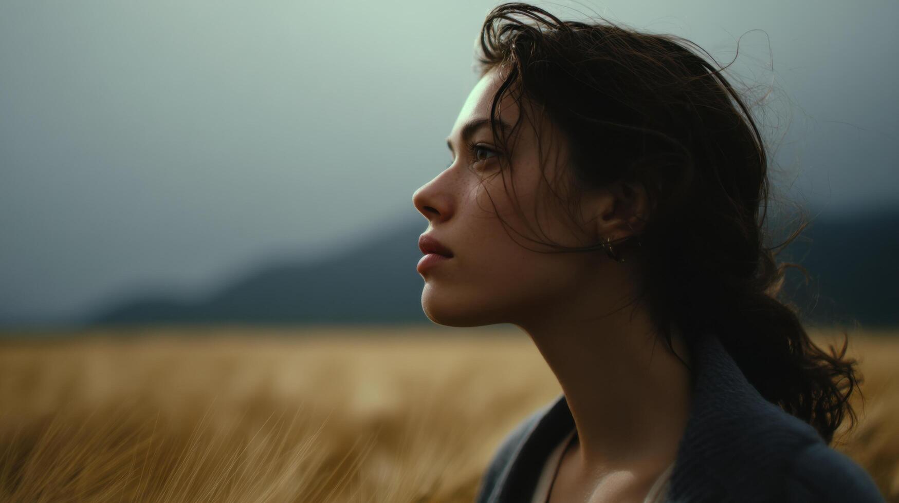A Pensive Woman in a Golden Wheat Field Contemplation, Serenity, and the Beauty of Nature photo