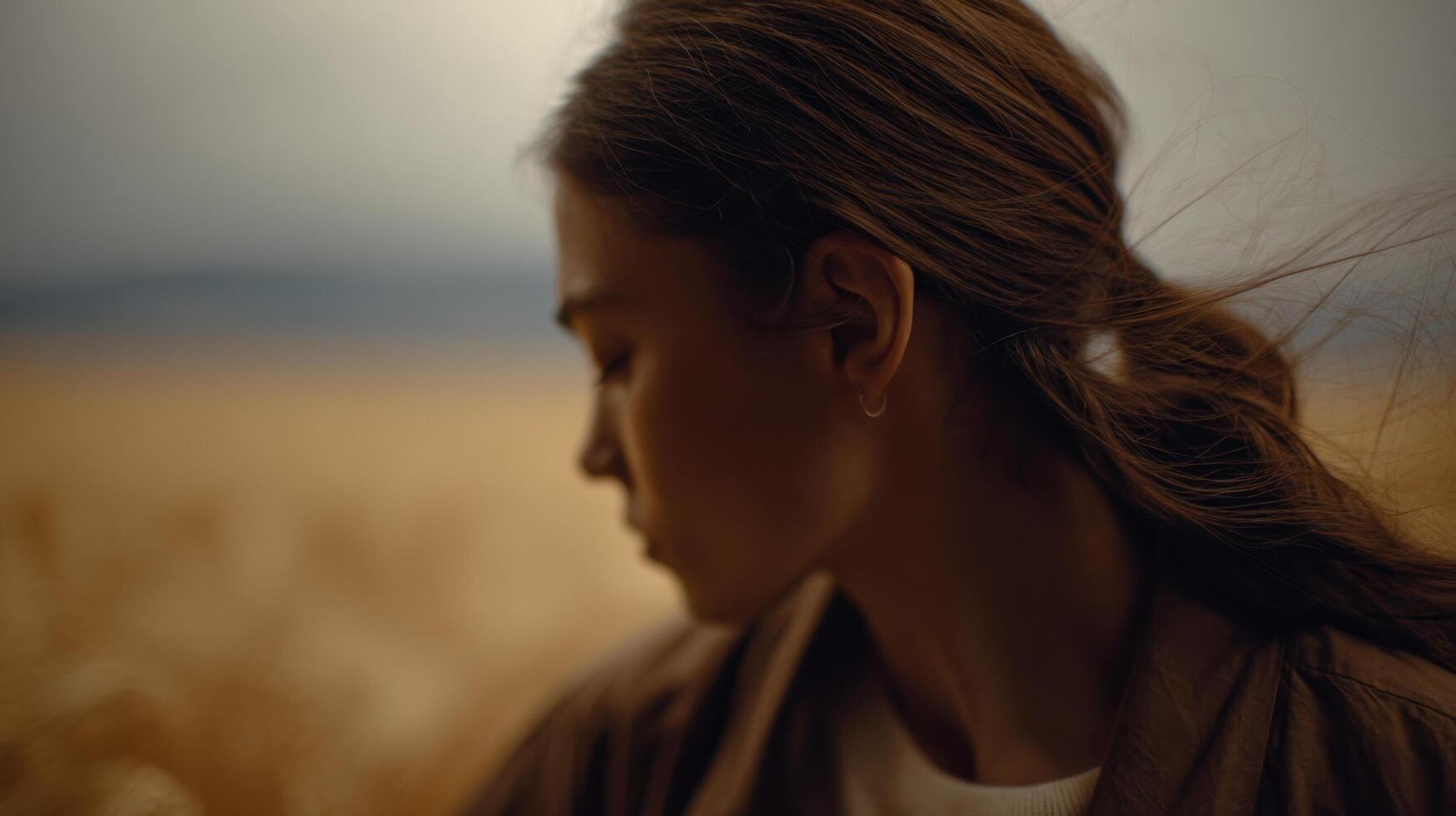 Pensive Woman in a Golden Field A Captivating Portrait. The models brown hair flows in the wind, creating a serene and elegant au photo