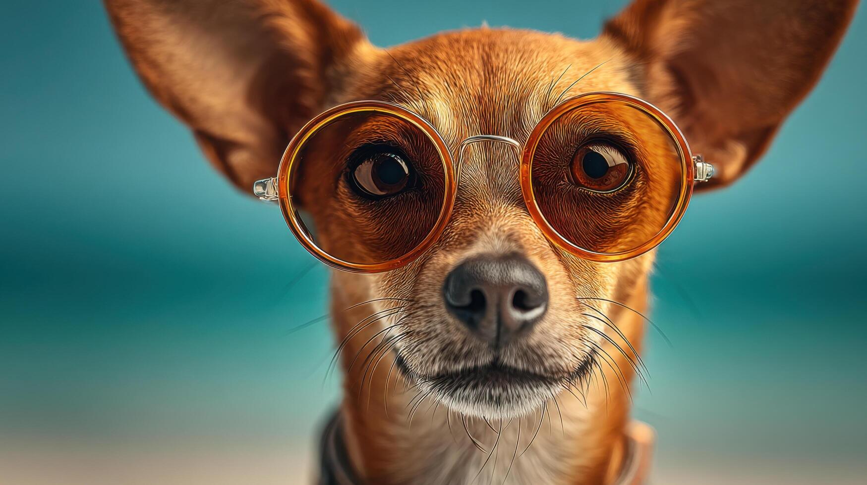 Portrait of an Adorable Chihuahua Puppy Wearing Sunglasses. A captivating image of a small, brown dog with big, expressive eyes, photo