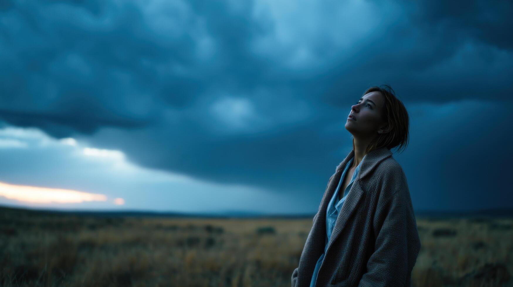 A woman stands in an open field, looking up at a dramatic sunset sky. The vastness of the landscape and the stormy clouds create photo