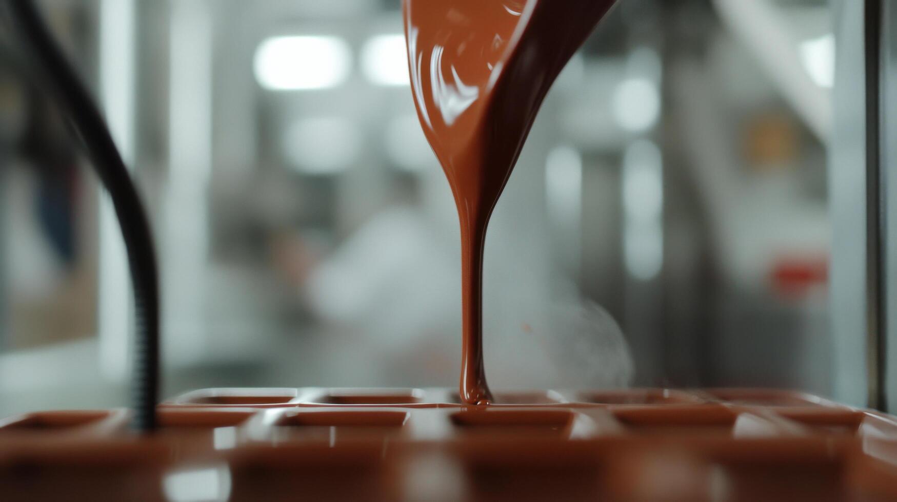 Artisan Chocolate Making A View of the Pouring Process. Witness the rich, decadent chocolate flowing into molds, capturing the es photo