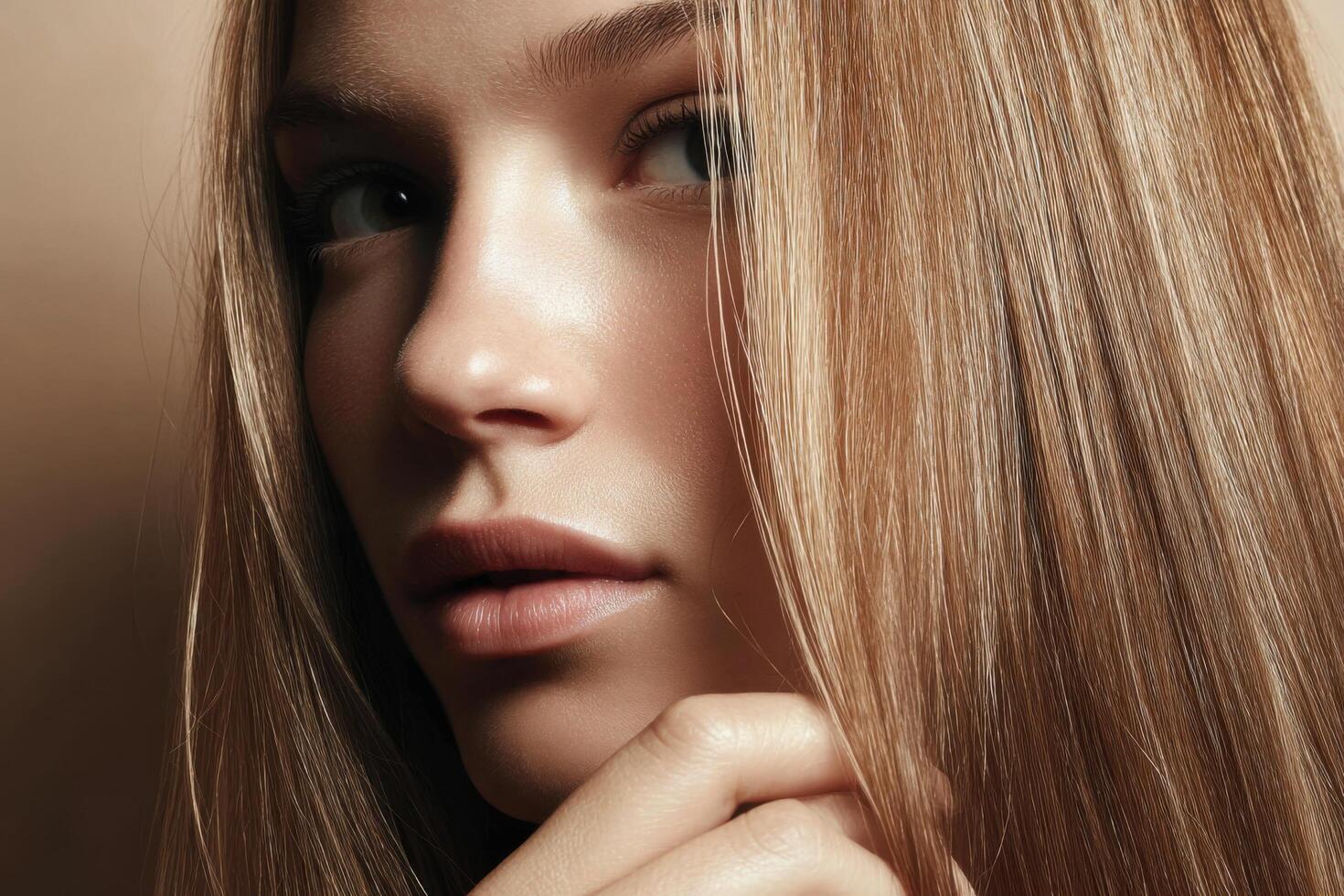 portrait of a beautiful blonde woman with flawless skin and long hair. The image is elegant and sensual, showcasing her natural b photo