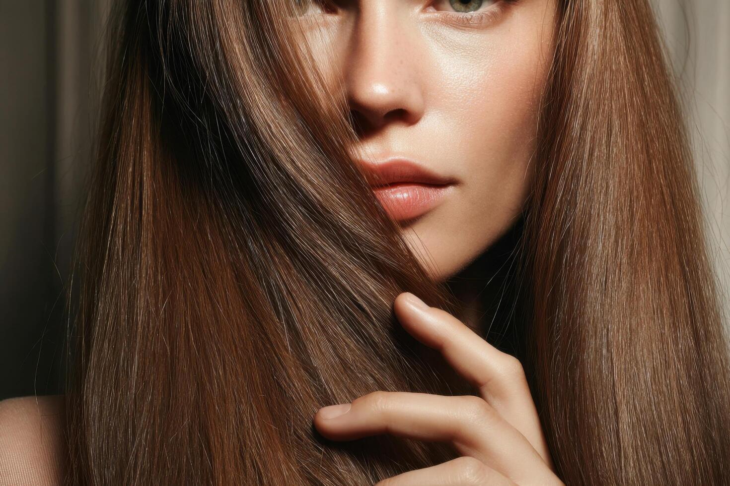 portrait of a woman with stunning long brown hair. The image showcases her beautiful face, healthy skin, and glossy hair texture. photo