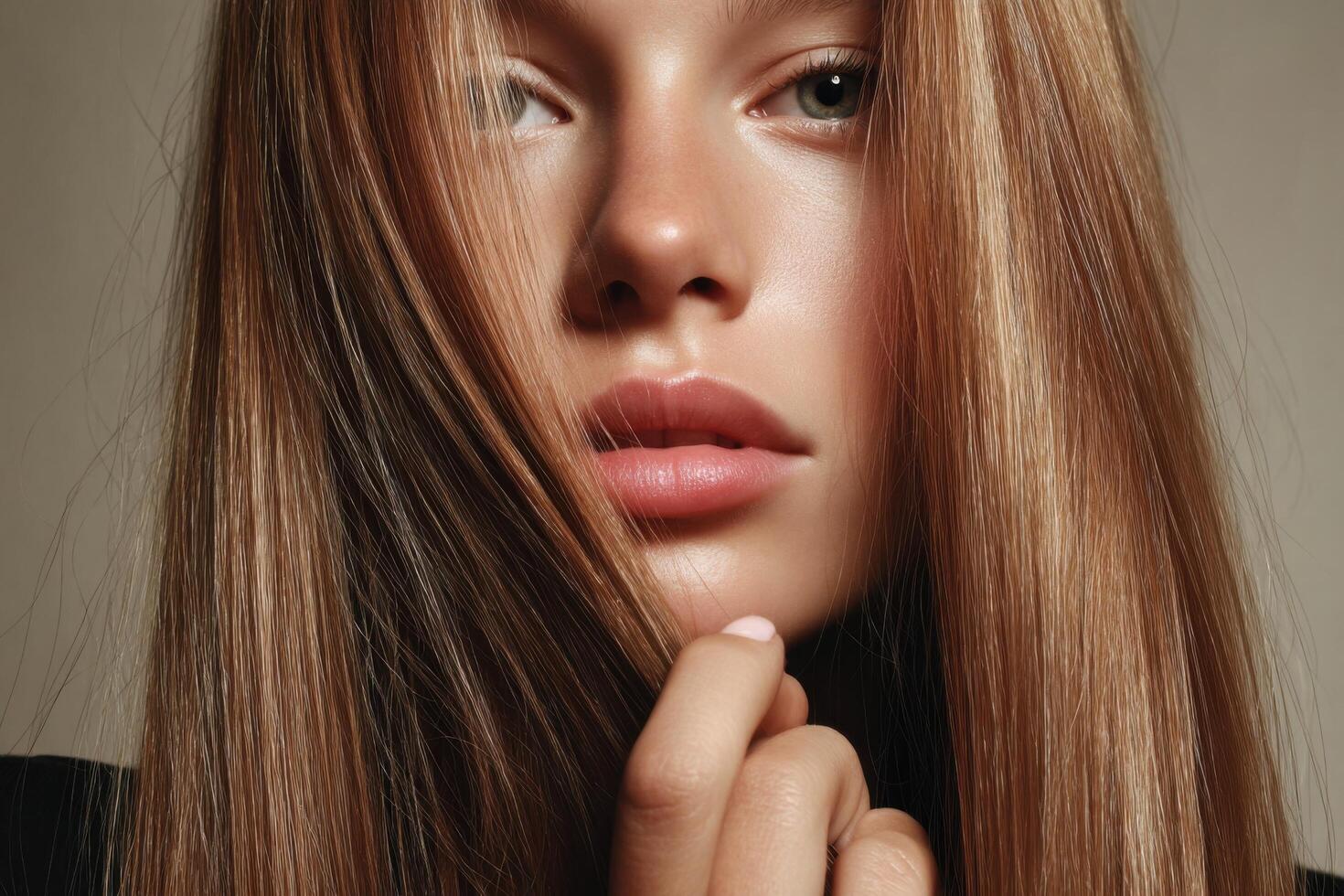 portrait of a beautiful young woman with long blonde hair and flawless skin. Her elegant style and sensual expression create a cap photo