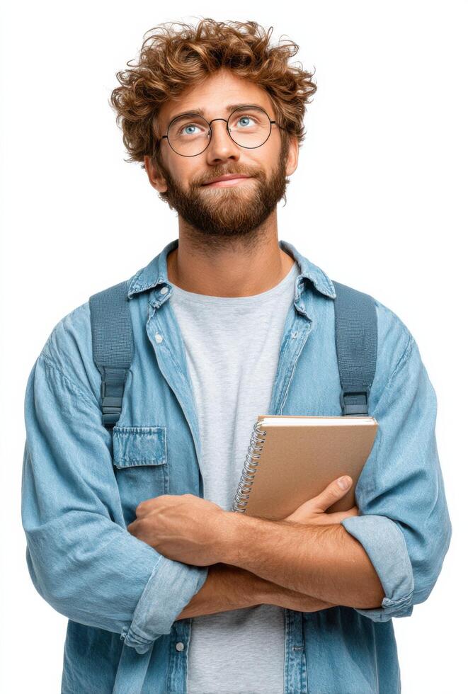 A Young Student Pensively Holds a Notebook, Dreaming of Future Opportunities. Education, Knowledge, and the Pursuit of Wisdom are photo