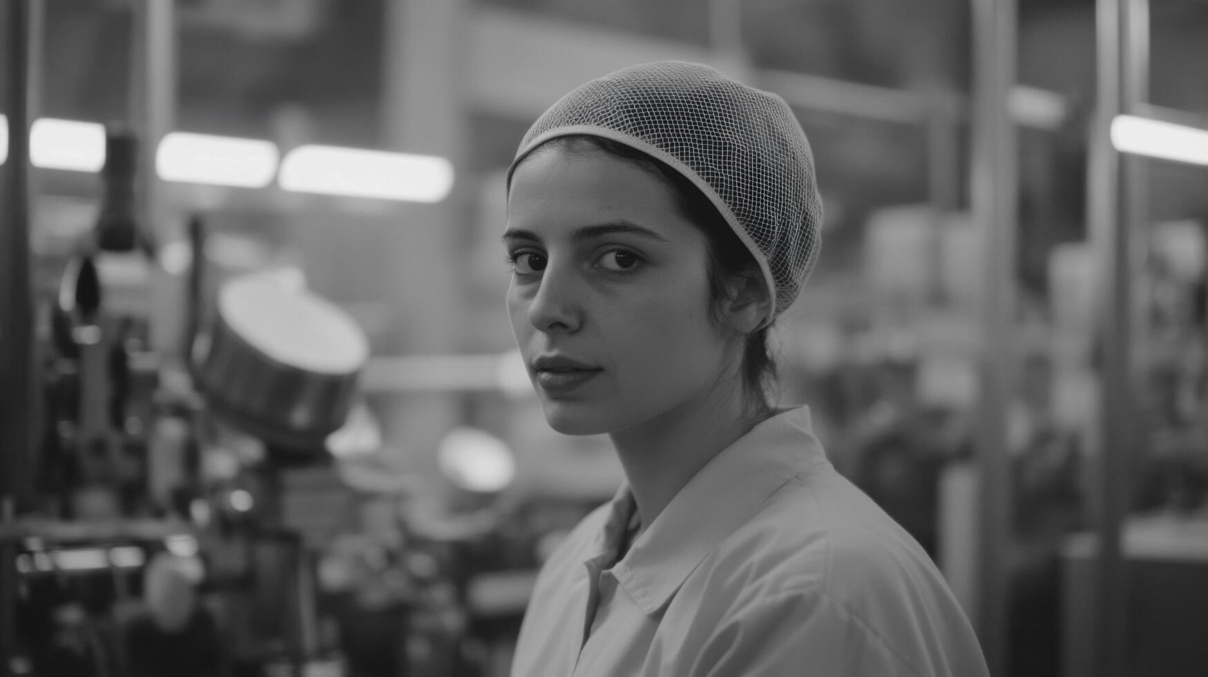A Black and White Portrait of a Female Factory Worker A Monochromatic Study of Industrial Labor and Human Dignity photo