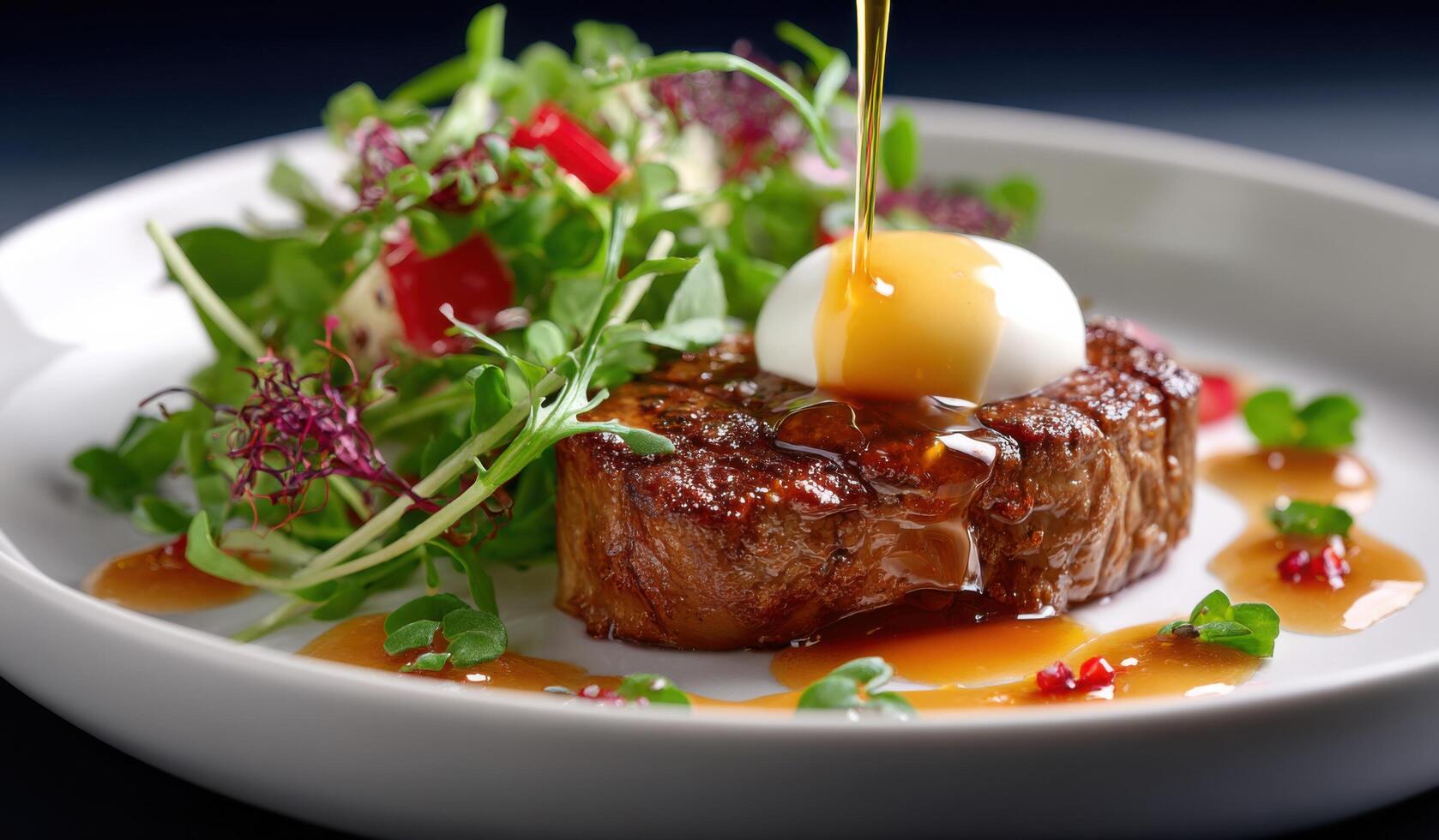 Savor the Exquisite Pan Seared Beef Steak with a Side of vibrant greens, a perfectly poached egg, and a tantalizing glaze. A culin photo