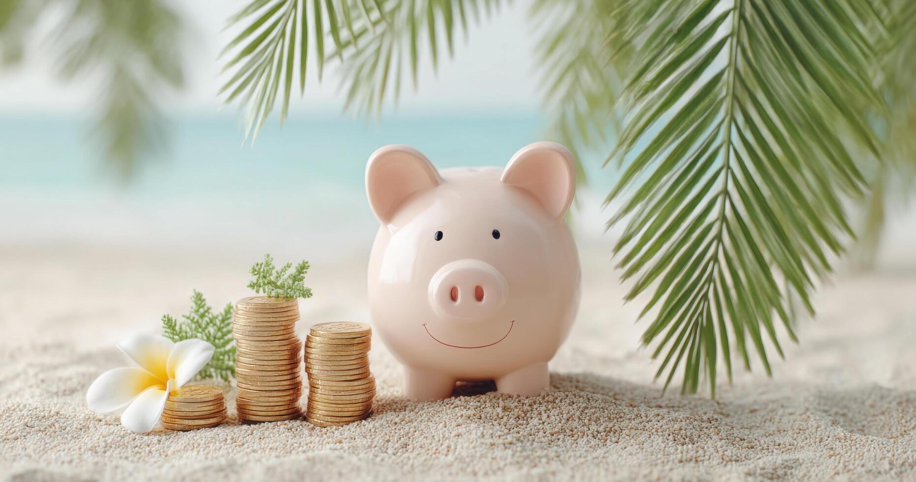 Beach Vacation Savings Piggy Bank on Sandy Shore with Tropical Plants and Golden Coins. Plan your dream summer getaway with smart photo
