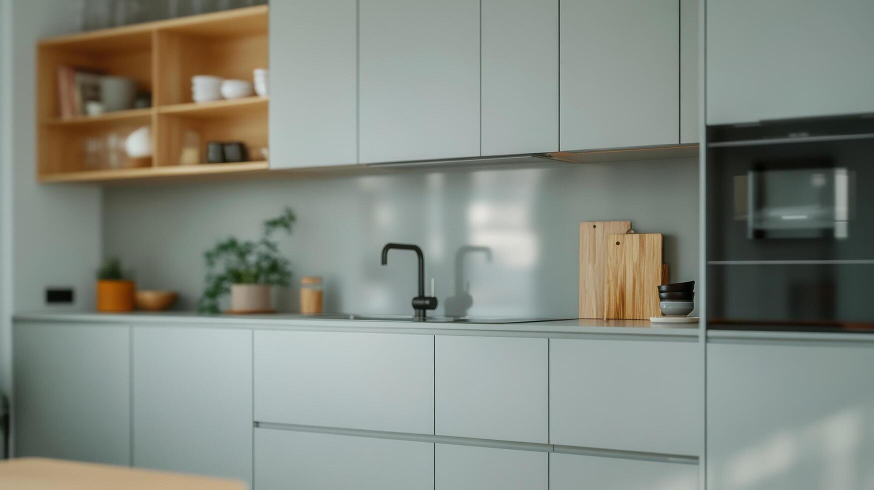 Modern Kitchen Interior Design Grey Cabinets, Wooden Accents, and Minimalist Style. A Luxurious and Clean Space with Modern Applia photo