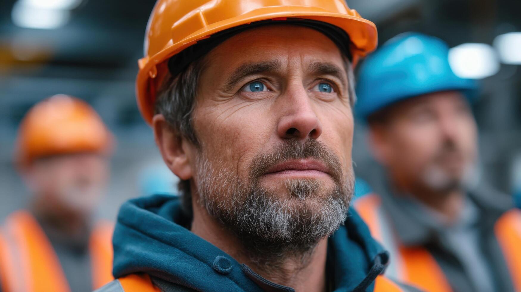 Portrait of a Construction Worker A Pensive Gaze, Hard Hat, and the Weight of Industry. A Focused Look into the Life of a Skilled photo
