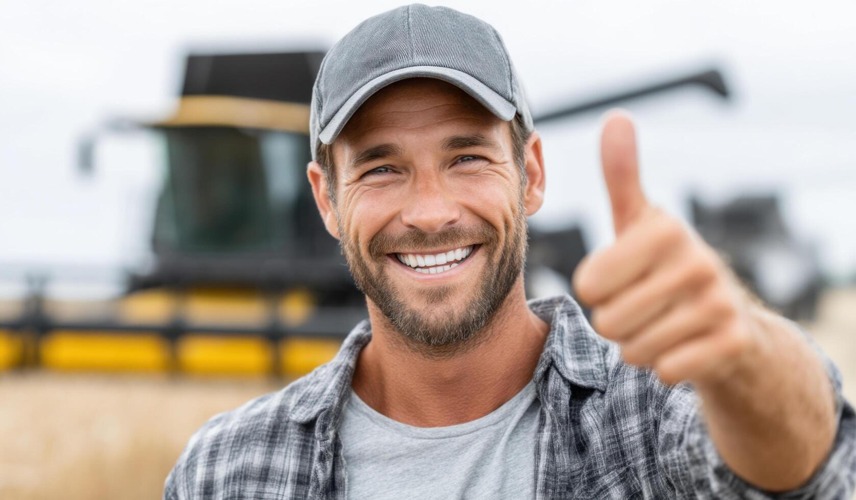 A Happy Farmer Showing Thumbs Up in the Field, Celebrating a Successful Harvest. Agriculture, Farming, Countryside, Rural Lifestyl photo