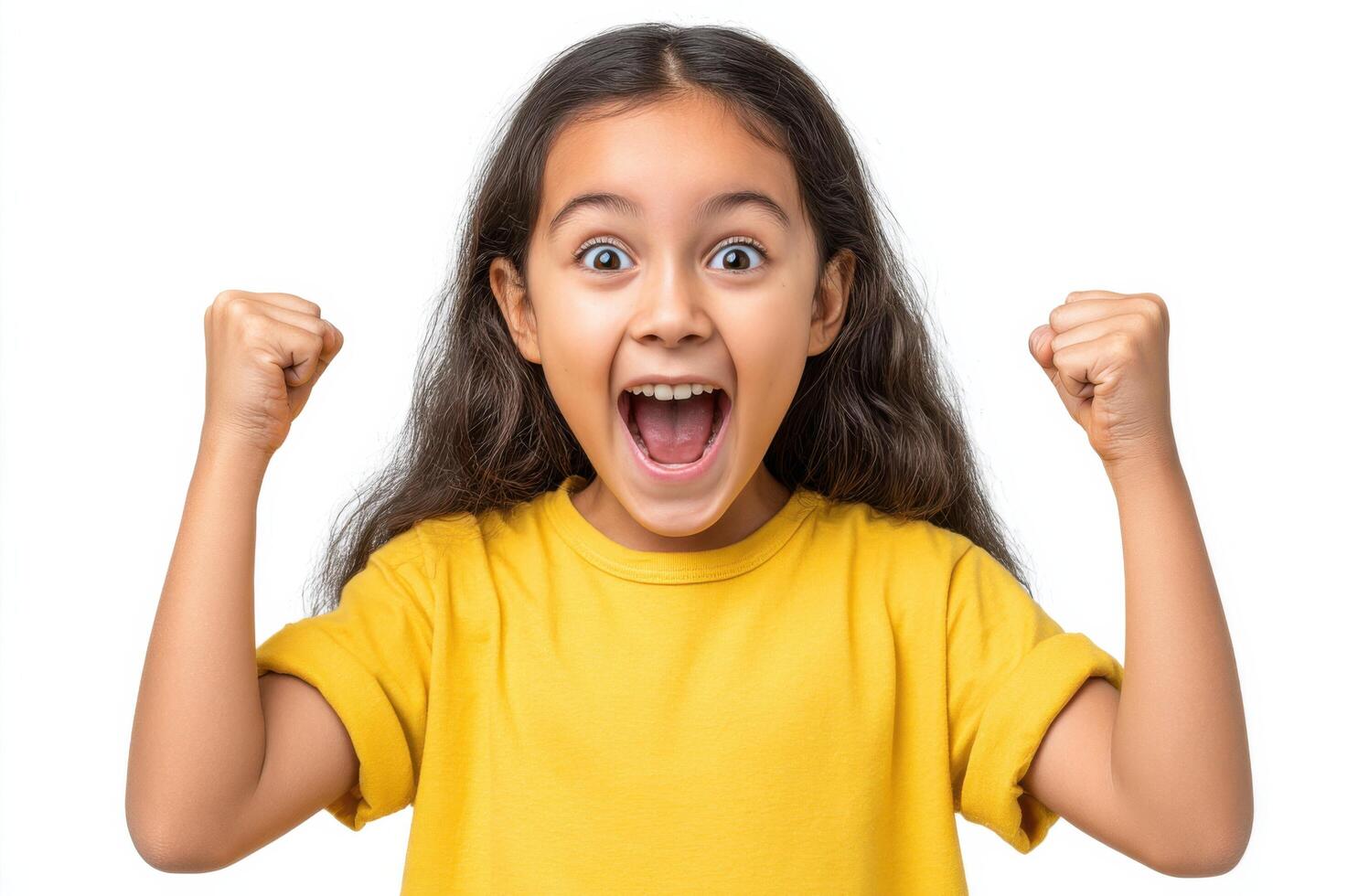 A jubilant young girl, radiating happiness and excitement, celebrates a victory with raised fists. Her bright smile and wide open photo