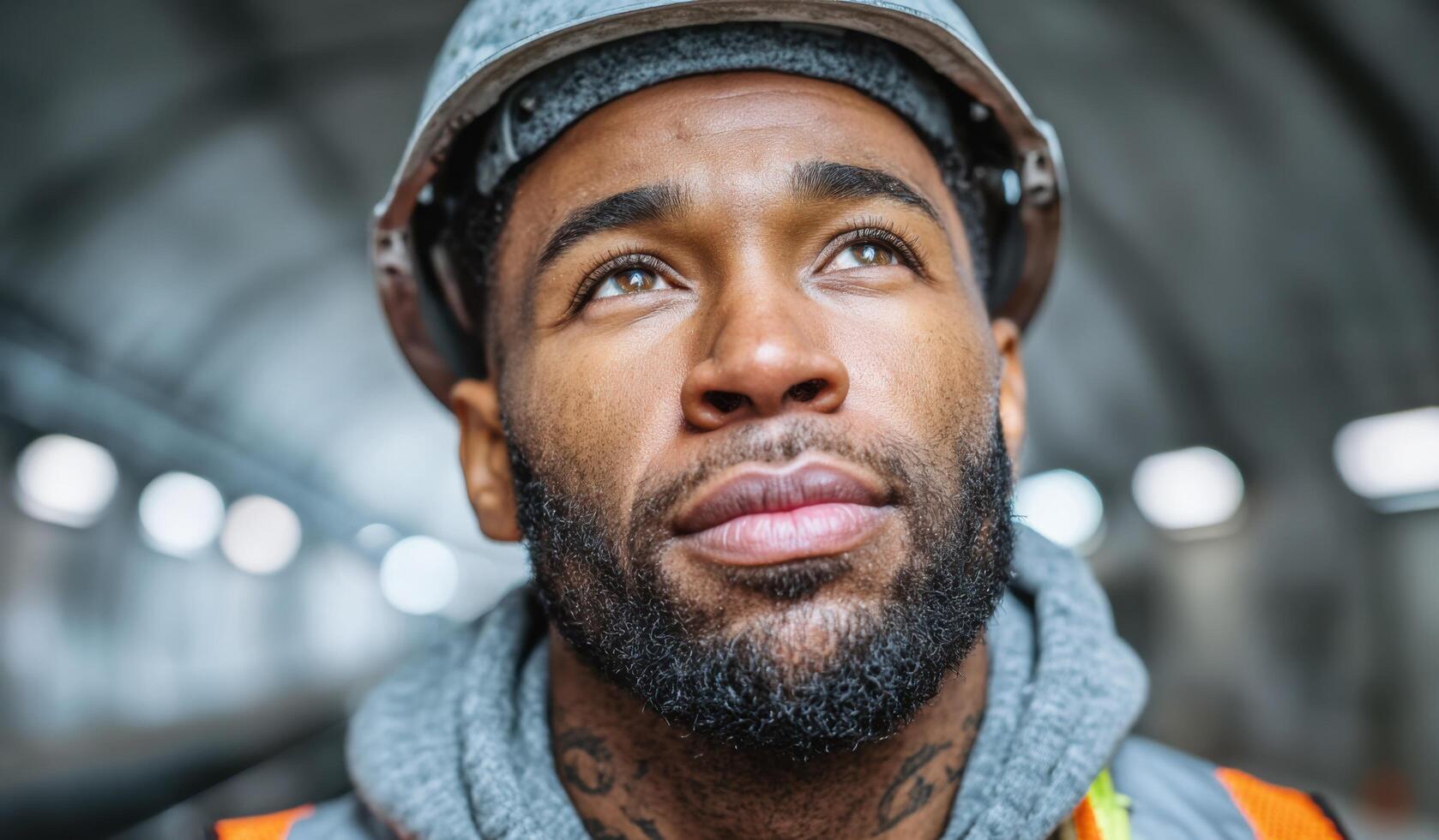 portrait of a construction worker, showcasing his determination and aspirations. He gazes towards the future, embodying ambition a photo