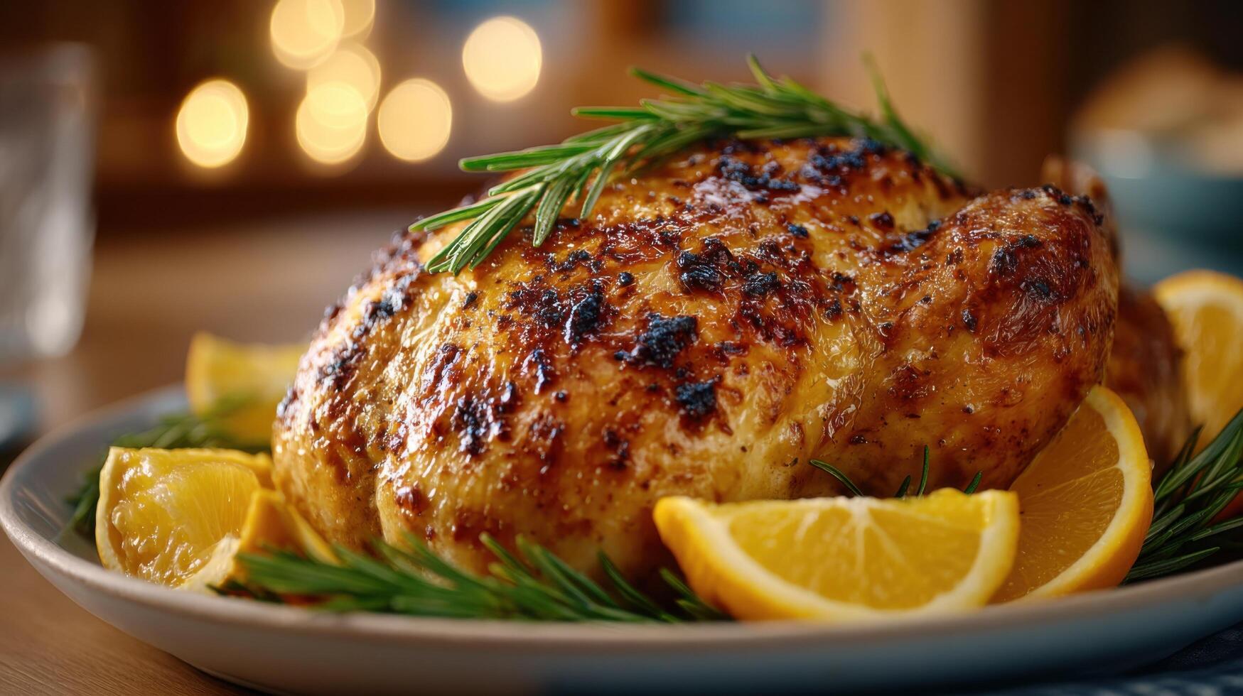 Roasted Chicken with Rosemary and Orange A Culinary Delight. This mouthwatering image showcases a perfectly roasted chicken, adorn photo