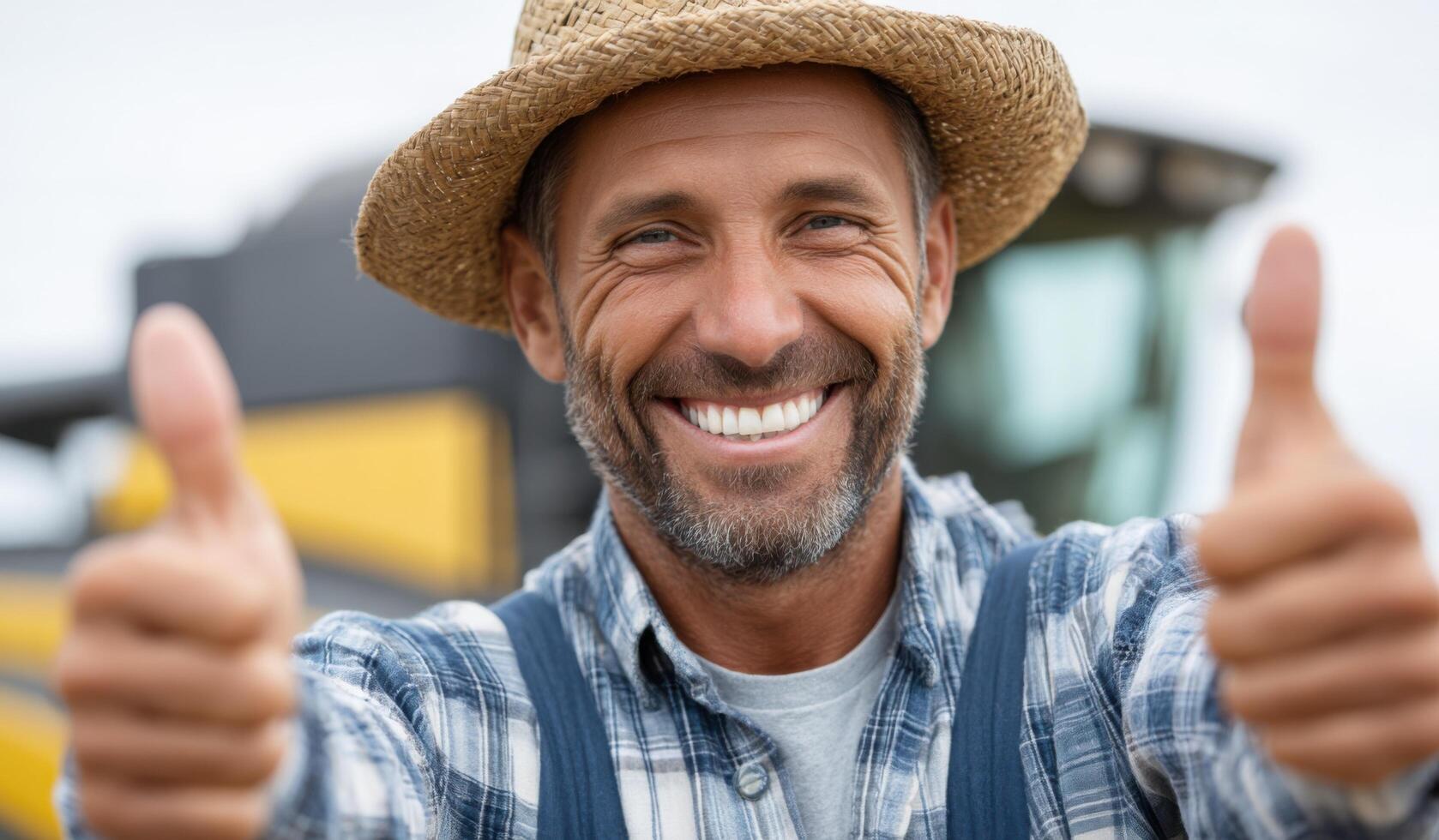 A Portrait of a Cheerful Farmer Giving Two Thumbs Up in a Field. The image depicts a happy and successful farmer expressing positi photo