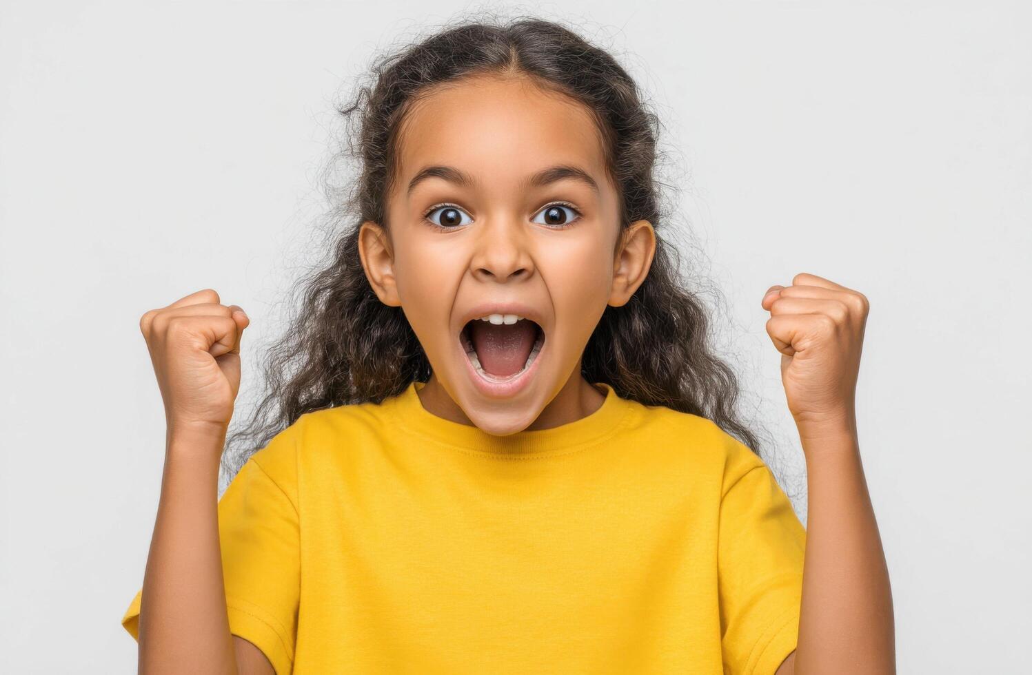 A jubilant young girl, radiating happiness and excitement, celebrates a victory with open mouth and clenched fists. Her radiant sm photo