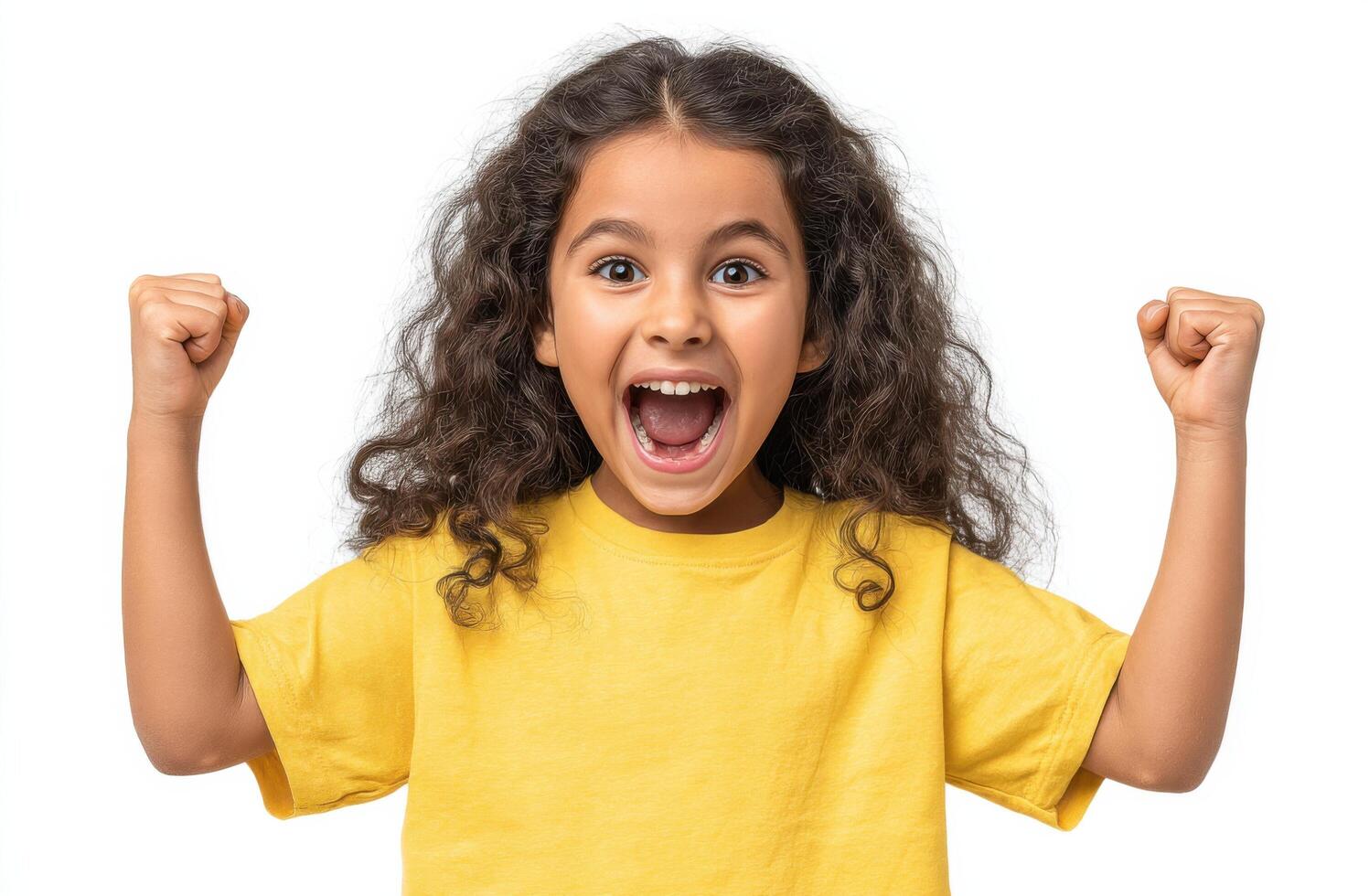 A jubilant, expressive young girl with curly hair beams with unrestrained joy and triumph, her fists raised in a gesture of pure e photo