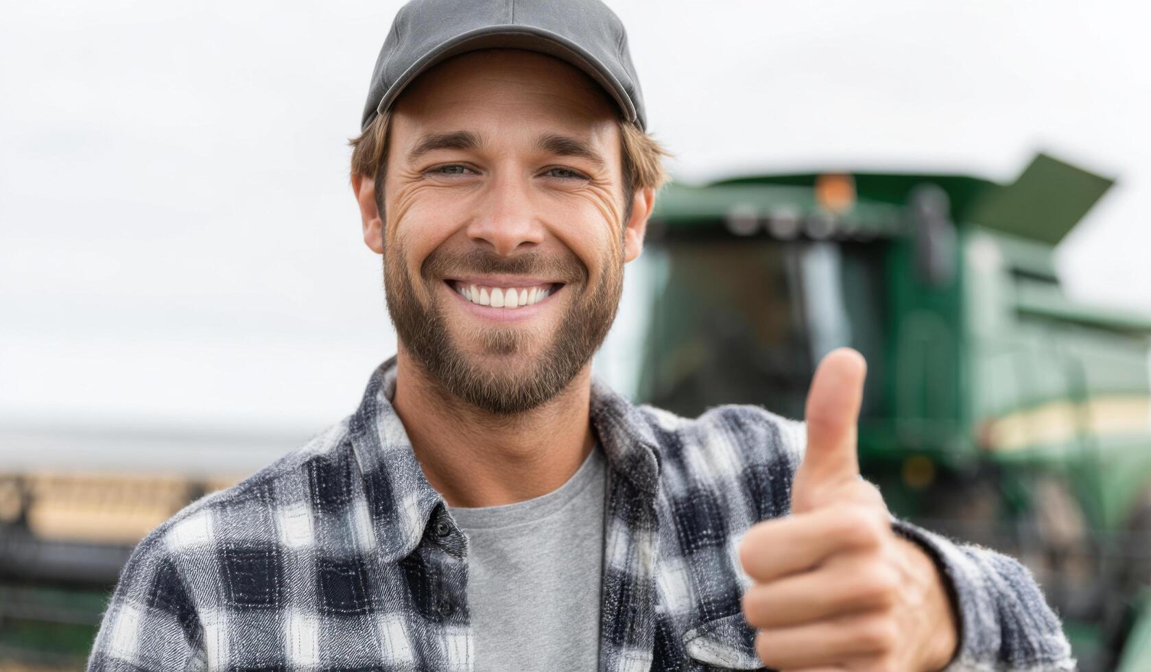 Portrait of a smiling farmer giving thumbs up, standing in a wheat field with a combine harvester in the background. A symbol of s photo