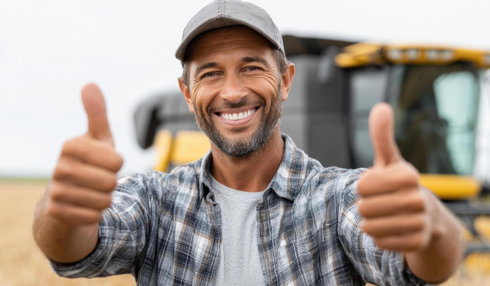 Portrait of a Cheerful Farmer Giving Thumbs Up in a Wheat Field with a Combine Harvester in the Background photo