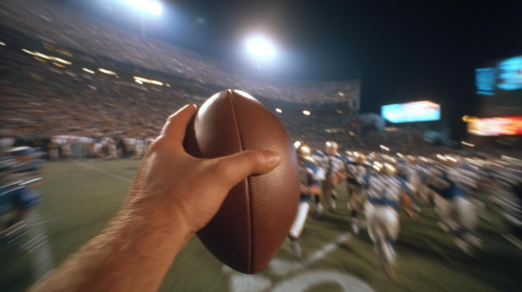Gridiron Glory A Thrilling Moment in American Football. A players hand reaches for the ball in a fast paced night game, surrounde photo