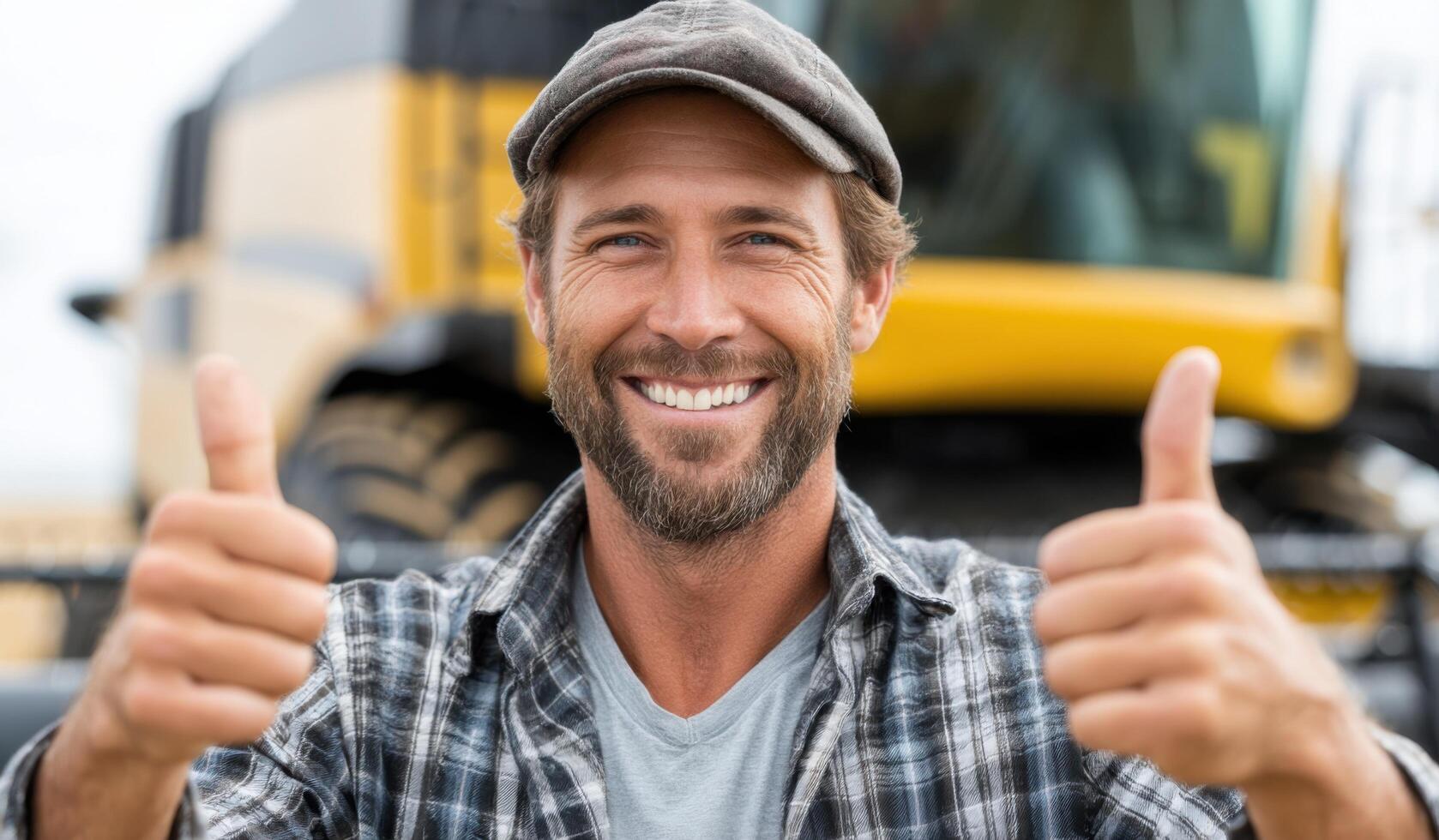 Portrait of a cheerful farmer giving thumbs up, showcasing a successful harvest and positive attitude towards agriculture and rura photo