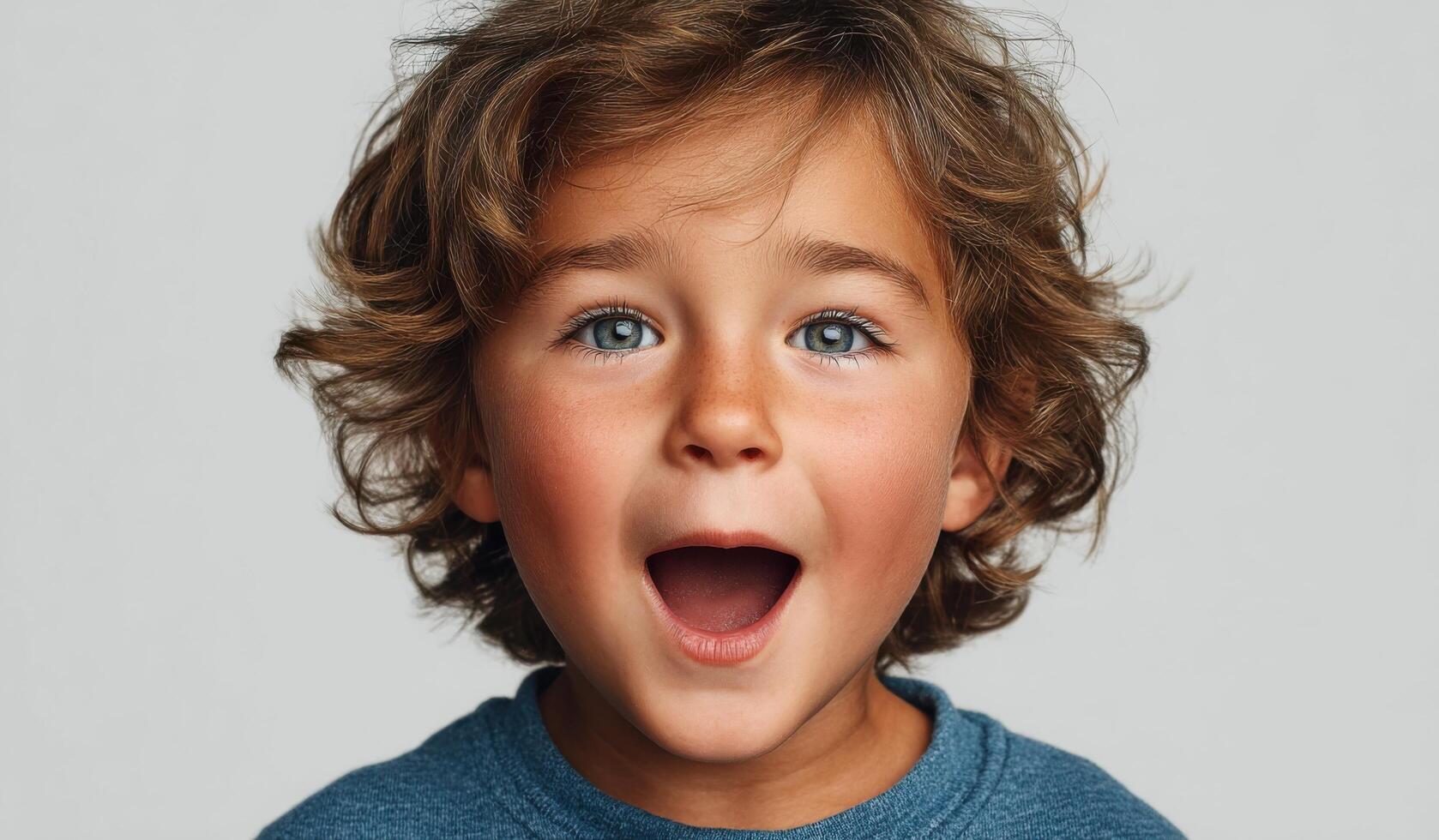 A Captivating Portrait of a Joyful Child A Stunning of a Happy Toddler Boy with Curly Hair, Full of Childlike Wonder and Exciteme photo