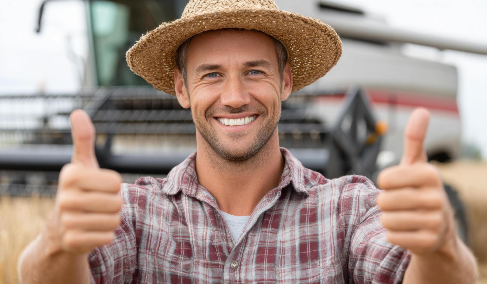 Happy Farmer Giving Thumbs Up in Wheat Field, Agriculture, Farming, Countryside, Successful Harvest, Positive Attitude, Rural Life photo