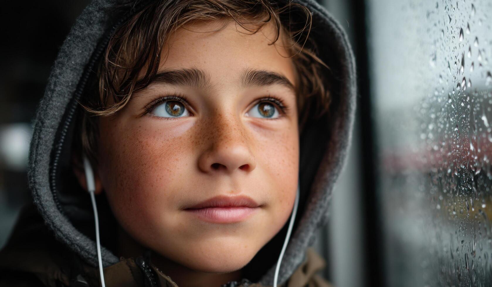 Penisve Boy Gazing Through Rainy Window A Portrait of Youthful Contemplation and Introspection photo