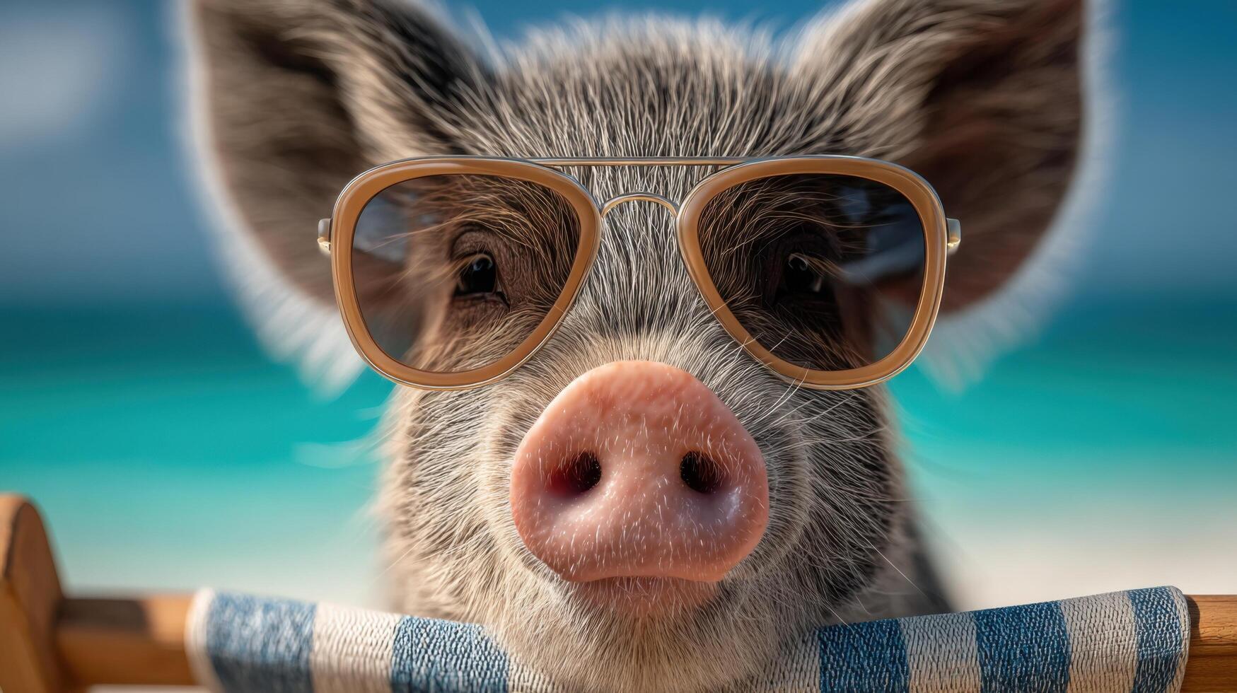 A pig wearing sunglasses relaxes on a sunny beach, enjoying a summer vacation. The ultimate symbol of carefree relaxation and trop photo