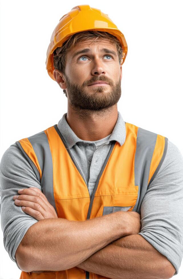 Portrait of a Construction Worker A Pensive Look at a Dedicated Professional in the Construction Industry. His serious expression photo