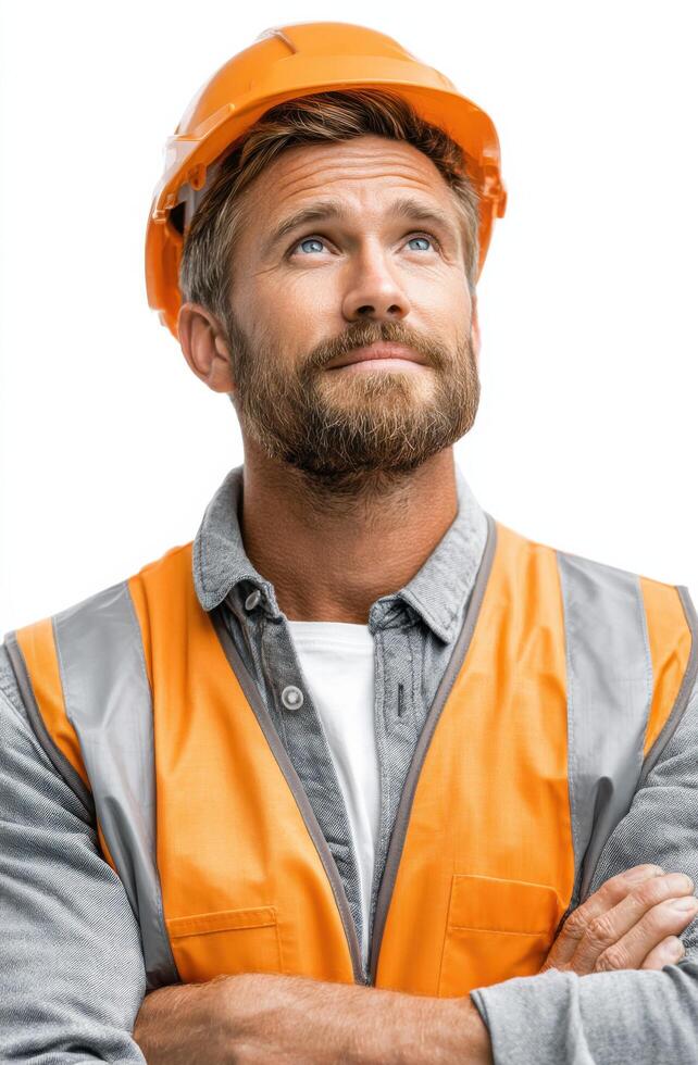 Portrait of a Construction Worker A pensive construction worker in a hardhat and safety vest, looking thoughtfully upward. The ima photo