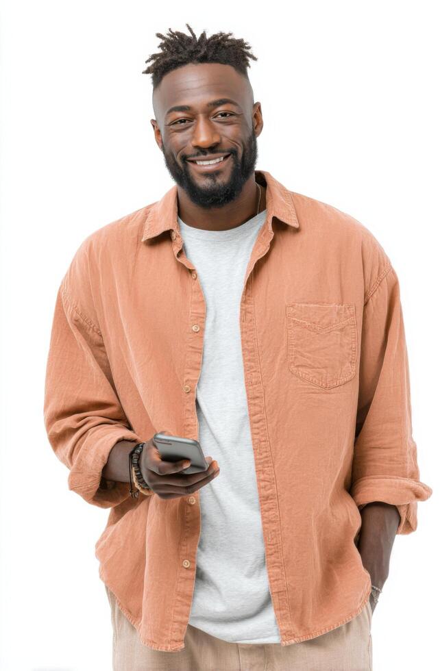 A Happy Man Smiling While Using His Mobile Phone. A Portrait of a Content African American Male in Casual Fashion, Set Against a photo