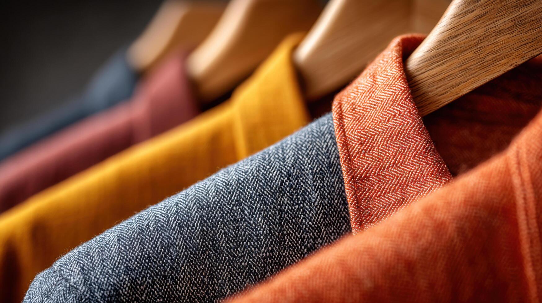 view of various textured fabrics hanging on wooden hangers, showcasing rich colors and patterns. Perfect for fashion blogs, magazi photo
