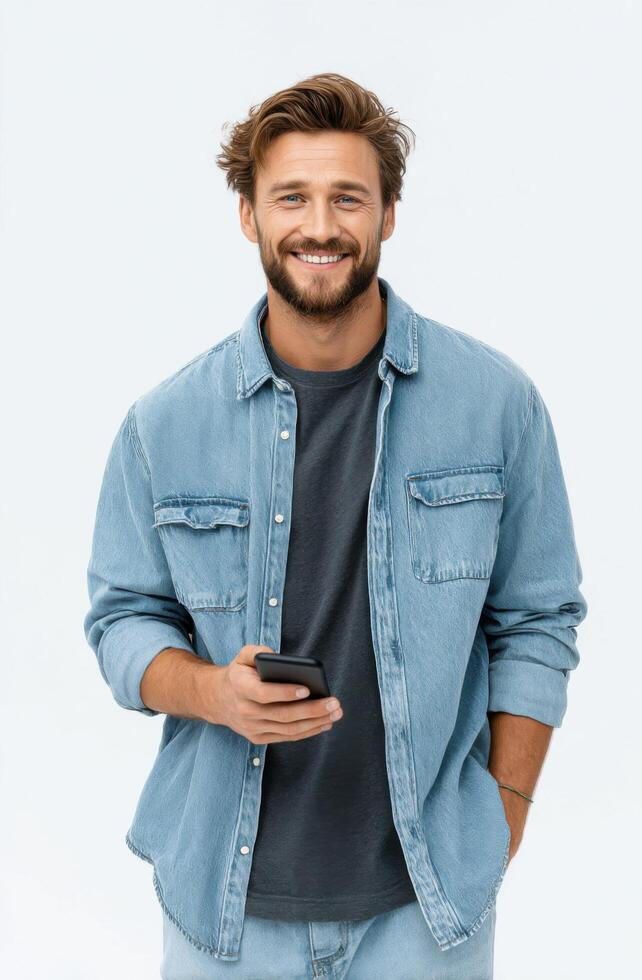 A handsome smiling man in a casual denim shirt holds his phone. He exudes happiness and confidence in this modern lifestyle portr photo