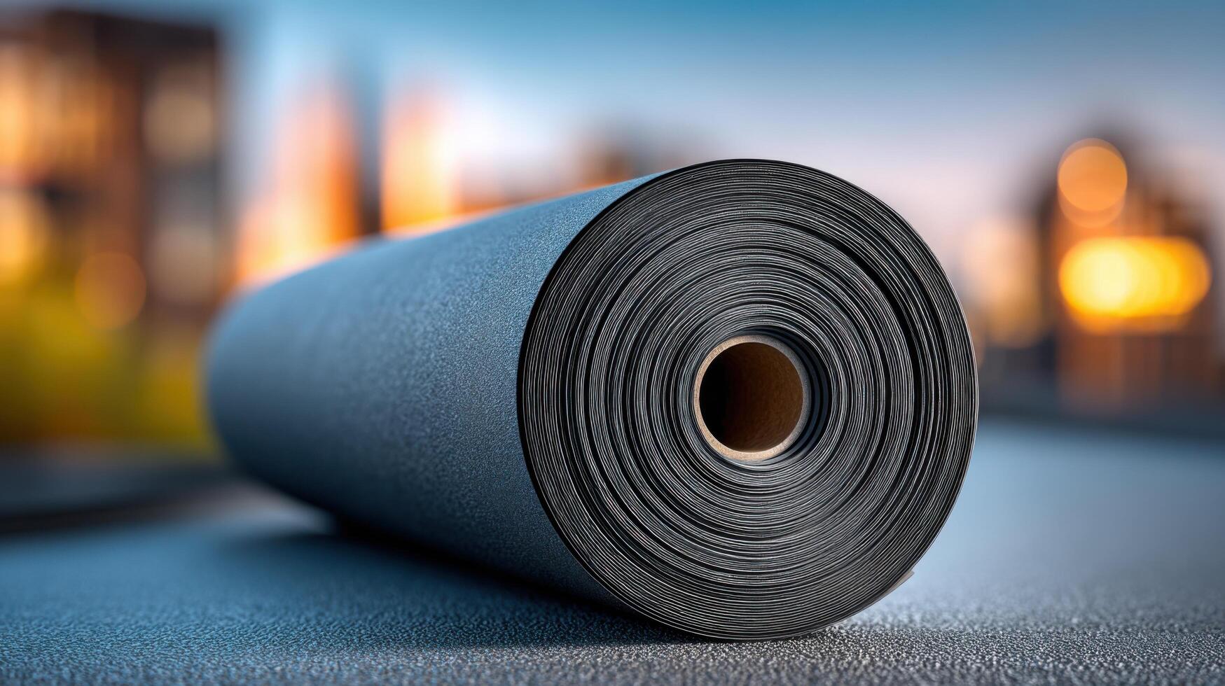 view of a rolled industrial material, possibly roofing felt, against a blurred cityscape background. The image evokes themes of ma photo