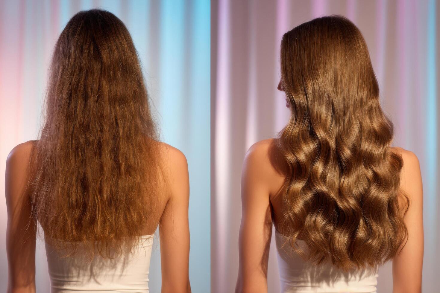 Dramatic Hair Transformation Before After. See how damaged hair is restored to luxurious, glossy waves with professional hair ca photo