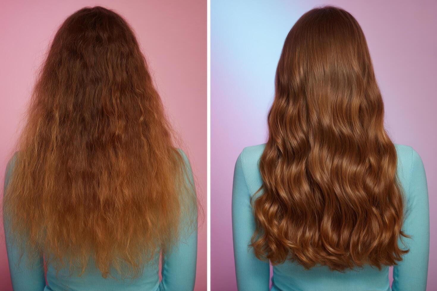 Dramatic Hair Transformation Before After. See how dry, damaged hair is revitalized with luscious waves, achieving a stunning, h photo