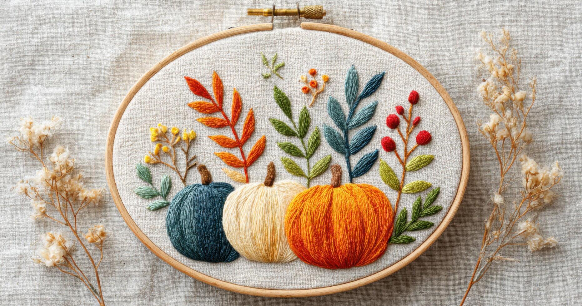 Embroidered Autumn Pumpkins A Cozy Fall Needlework Design. This charming autumnal embroidery features pumpkins, leaves, and flower photo