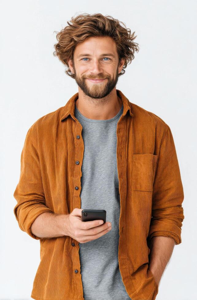 Portrait of a smiling man in a corduroy shirt, holding a phone. He exudes happiness and confidence, representing a modern and rel photo