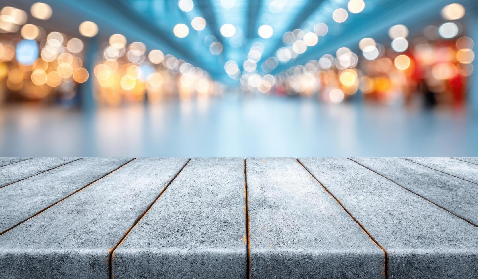 Empty Wooden Table with Blurred Shopping Mall Background Perfect for Product Displays and Advertising photo