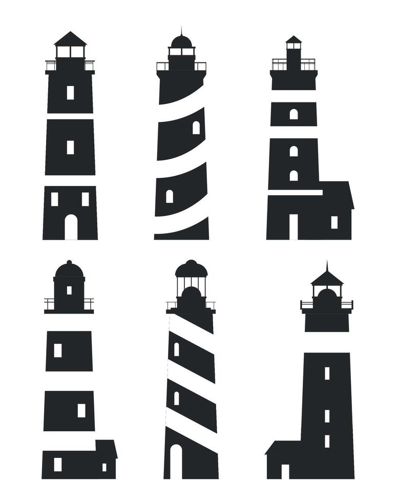 Black and white lighthouses silhouette icons on white background. Lighthouses for navigation. vector