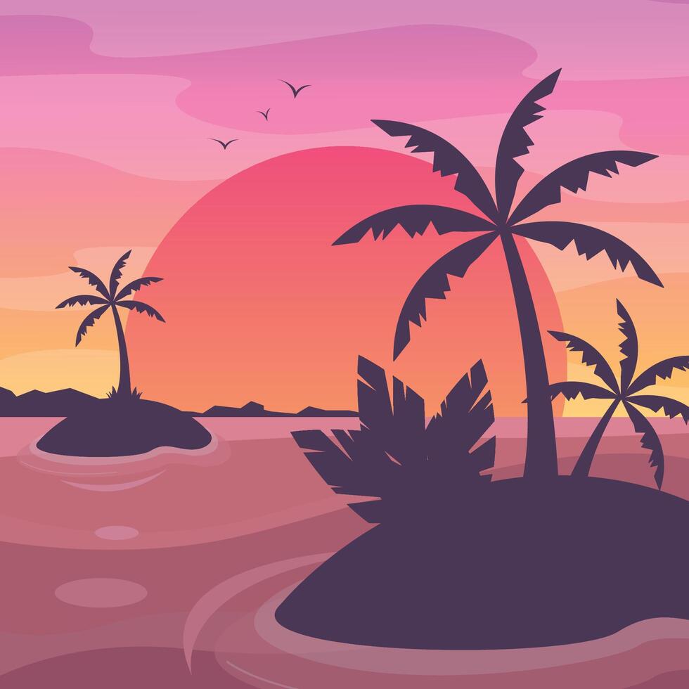 Sunset on the islands with palm trees and rocks. Landscape. Vacation on the islands. Banner. vector