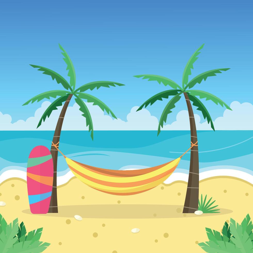 Landscape with palm trees, hammock and surfboard on the ocean shore. Island vacation. Tourism. vector