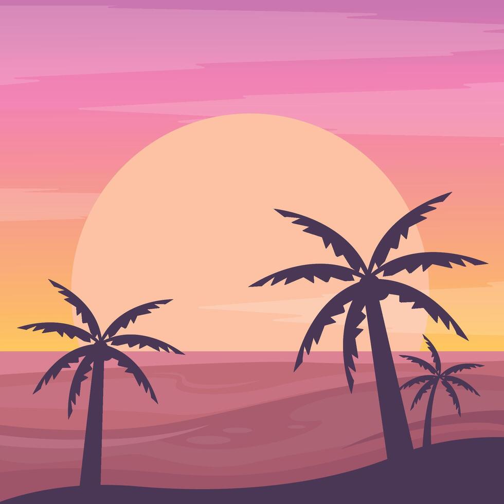 Sunset on the island with the ocean, silhouettes of palm trees and the shore. Tourism. Banner. vector