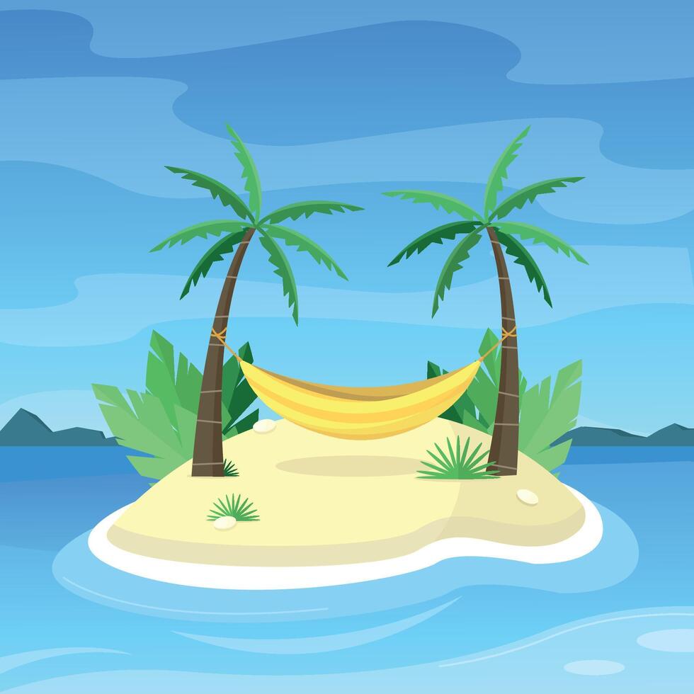 Landscape with palm trees and hammock on the island. Place for rest. Summer holidays. vector