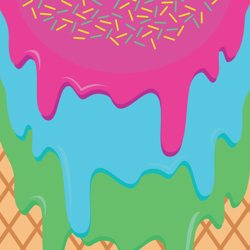 In the background is melting ice cream with sprinkles and a waffle cone. Menu background. vector