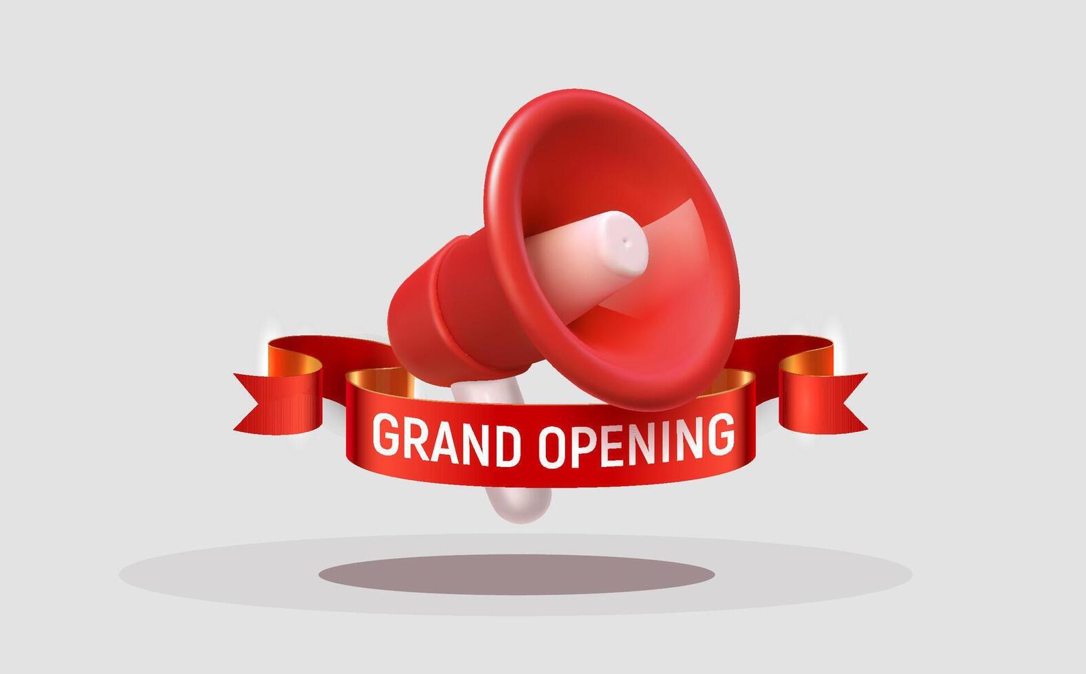 Marketing Announcement Megaphone Icon With Red Ribbon Text For Grand Opening, Announcement, Sale Promo, Coming soon Event Notification. Isolated Illustration. vector
