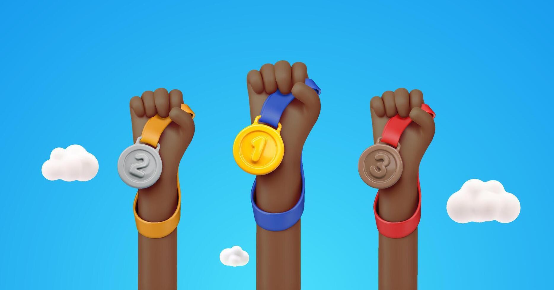 3D Dark Skin Hands Holding Gold, Silver, and Bronze Medals with Red Ribbon on Blue Sky Celebration Background. Perfect for Sports, Victory, or Awards Themes. Illustration. vector