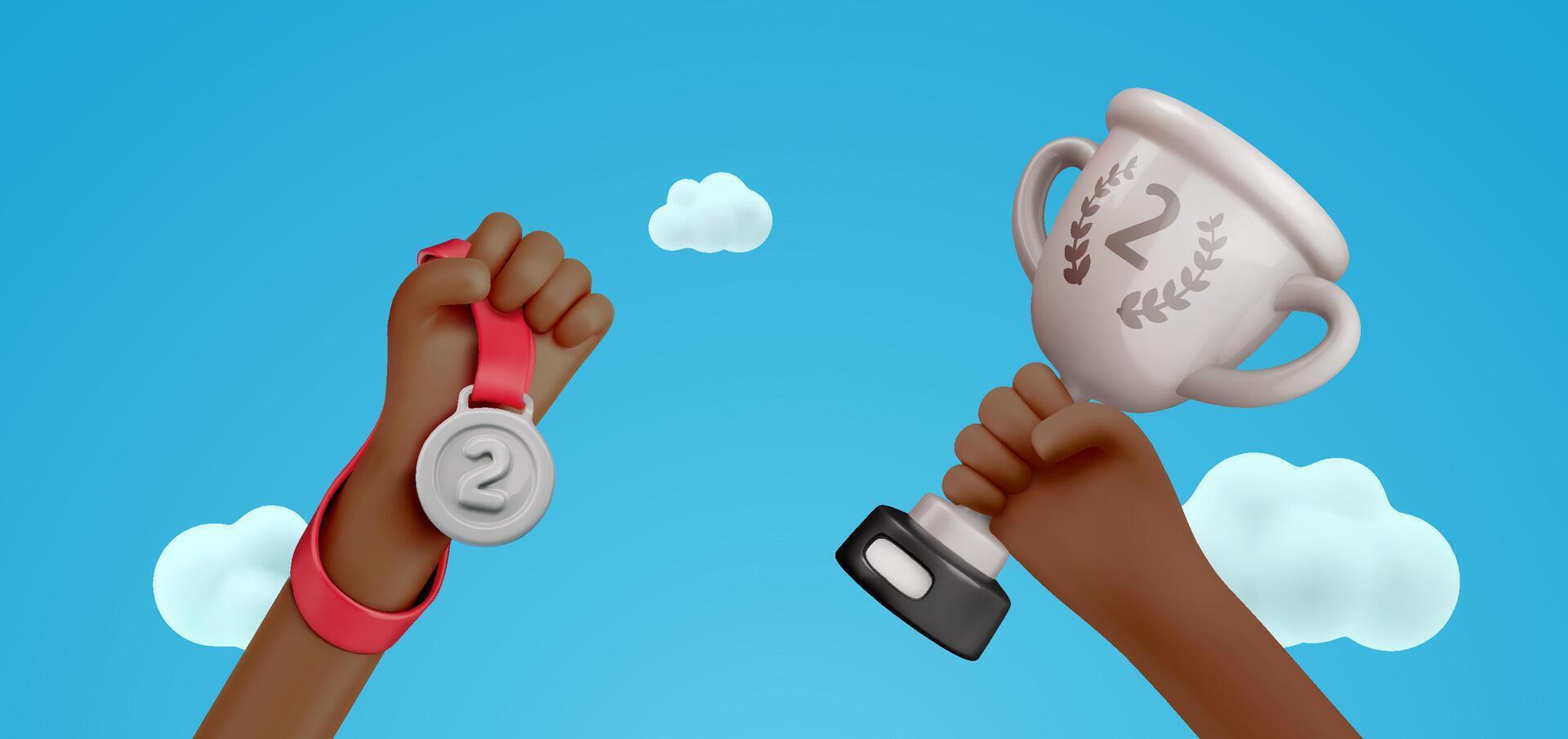 Dark Skin Athletes Holding Silver Medal And Silver Cup Celebrating Victory, Diversity, Inclusion and International Unity Concept in 3D Cartoon Style. Illustration. vector